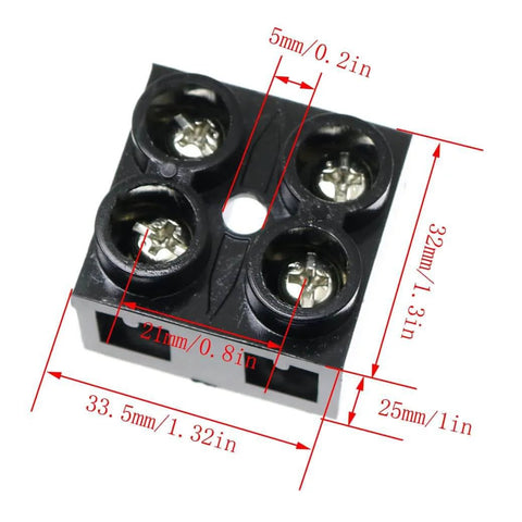 Two Pack 500V 60A Screw Terminal Block, 2 Position Dual Row Barrier Strip, top view with dimensions visible, insulated black.