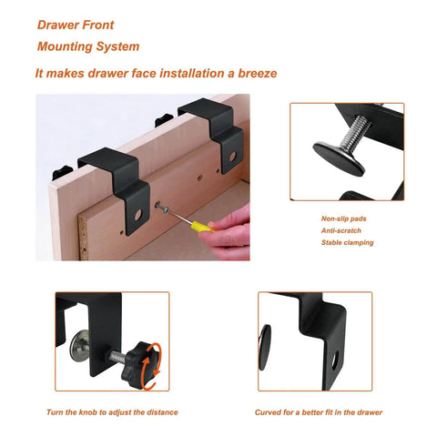 4 Piece Drawer Front Installation Clamps And Drawer Fixing Clips Set being used on a wooden cabinet drawer