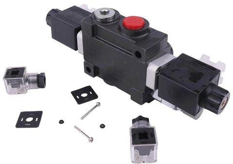 1 Spool Solenoid 12V DC Hydraulic Control Valve Double Acting HCV-S1x13 shown with connectors and screws