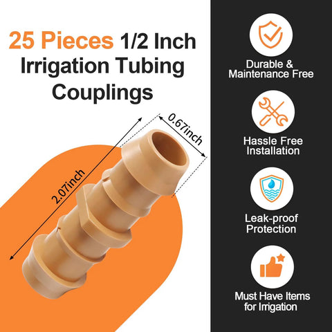 Copadri 25-piece 1/2-inch drip irrigation tubing couplings, beige barbed fittings for 5/8-inch tubing (Amazon).