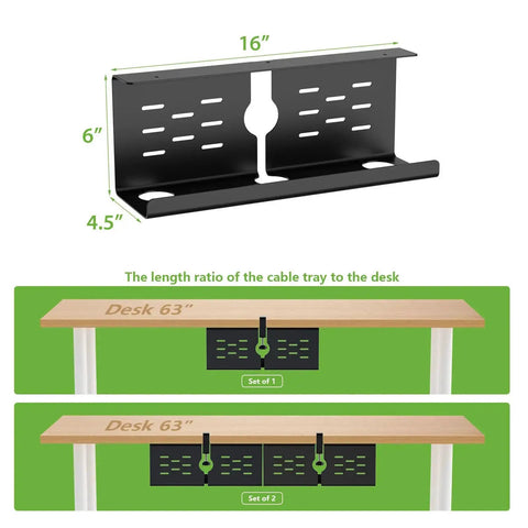 Two Pack 16 Inch Under Desk Cable Management Trays Expandable To 32 Inches No Drill Mount Cord Organizer installation example
