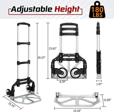 Folding Hand Truck Dolly Cart With Telescoping Handle From 24 To 39 Inches, Lightweight Aluminum, adjustable height, 180 lb capacity