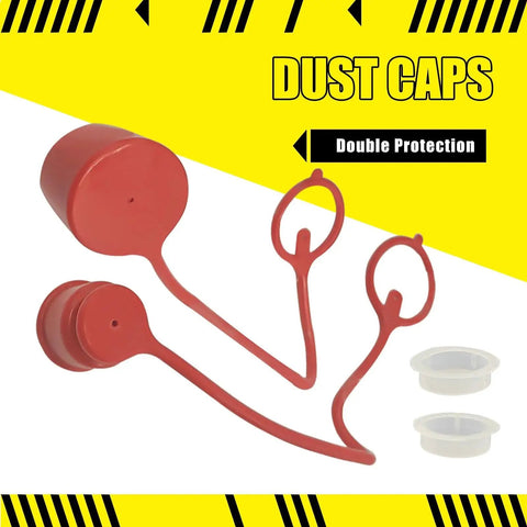 Red dust caps for Flat Face Hydraulic Quick Connect Coupler Set With SAE Thread, offering double protection.