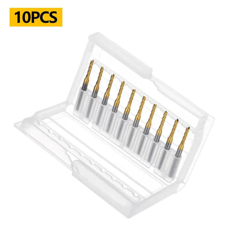 2.0mm TiN Coated Solid Carbide End Mills Set For PCB Engraving And CNC Routing, 10 Pieces With 1 Eighth Inch Shank in case