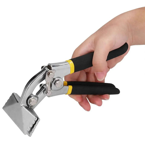 Heavy Duty Hand Seamer with Curved Handle Design and Compound Leverage, shown in hand, Chromium Vanadium Steel, for Sheet Metal Roofing and Siding
