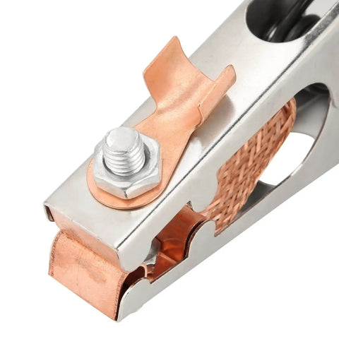 Close-up of Heavy Duty 500 Amp Welding Ground Clamp With Braided Copper And Rubber Grip, clamping section visible.