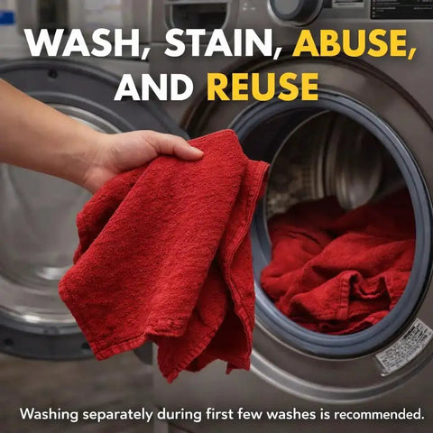 Person holding red towel in front of washing machine with Extra Absorbent 13x17 Inches 12 Pack 100 Percent Cotton Shop Towels Reusable Cleaning Rags For Industrial Garage Auto Home Heavy Duty Towels Built For Tough Jobs visible.