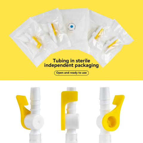 Front view of 3 Ximter Comfort Flow catheter valves with yellow lever, white bodies, tubing; sterile 10-pack