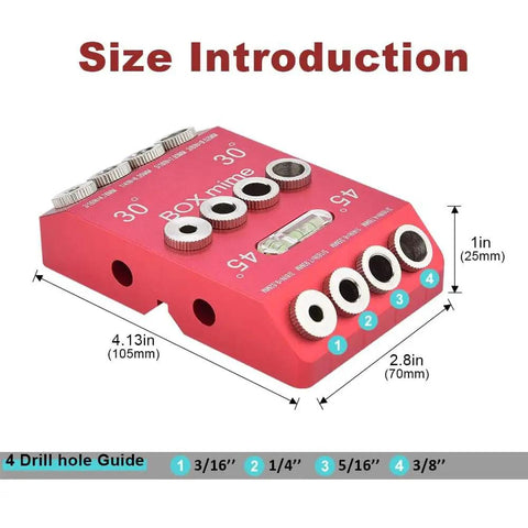 Angle Drill Guide Jig Made From Aluminum Alloy With Table Block Attachment For Wood Posts And Cable Railing Deck Projects Pro Grade Quality And DIY Ready 30 Degree 45 Degree And 90 Degree Holes With Bubble Level And Four Drill Bits detailed view showing size and attachments