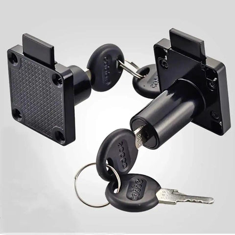 Heavy Duty Cabinet And Drawer Lock 2 Pack For Desks Mailboxes And Jewelry Boxes, black lock set with keys, close-up view
