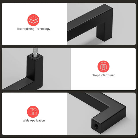 Matte Black Cabinet Handles Set Of 2 Stainless Steel Square Bar Pulls, showcasing electroplating, deep hole thread, wide application.