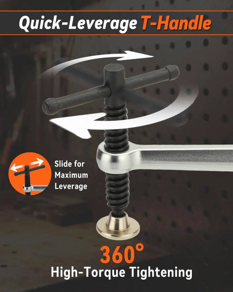 Close-up of Two Pack Welding Table Clamps With Six Point Five Inch Opening Capacity For Five Eighth Inch Holes Professional Carbon Steel Welding Fixture Clamps For Precision Metalworking And Fabrication Heavy Duty Portable Set showing T-handle mechanism.