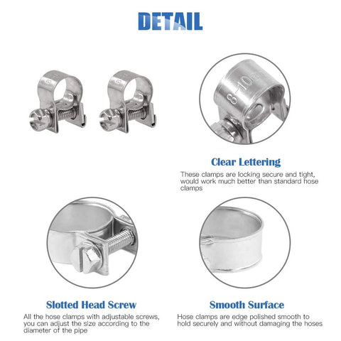 Glarks 12-piece stainless steel mini hose clamps set, 8-10 mm, adjustable automotive fuel hose clips; front view.