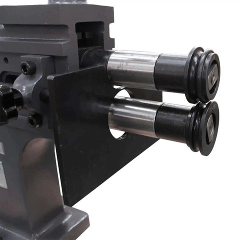 Close-up of TB-12 Bead Bender Beading Machine rollers, heavy-duty cast iron frame, 8 inch rotary tool for 18 gauge metal bending.