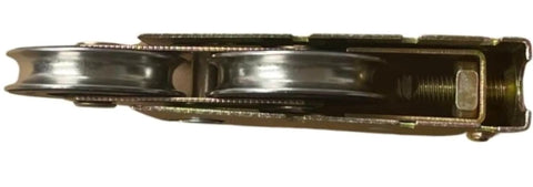 Sliding Glass Door Tandem Roller Replacement Kit With Precision Bearing Stainless Steel Wheels For Ultra Smooth Glide Three And One Eighth Inches Long By One And One Half Inches High Beefed Up Heavy Duty Patio Door Roller System For Seamless Sliding side view of stainless steel wheels and bearings
