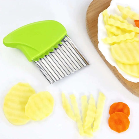 2 Pack Crinkle Cutter Wavy Chopper Stainless Steel Kitchen Slicer For Potatoes Carrots Fries Chips Vegetables Durable Rust Resistant Blade With Ergonomic Soft Grip Handle And Easy Cleanup shown with crinkle-cut potatoes and carrots.