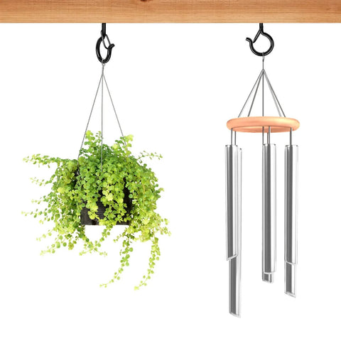 36 Piece Q Hanger Hooks With Safety Buckle for Outdoor String Lights, shown holding a hanging plant and wind chime indoors