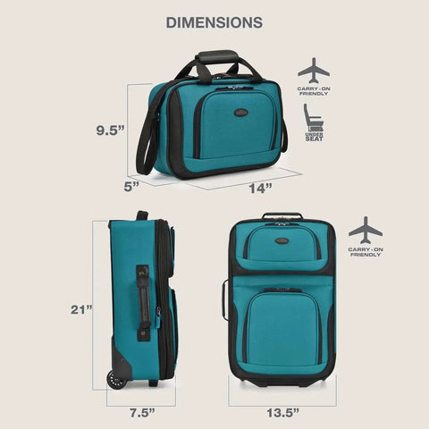 Teal Lightweight Softside Carry On Rolling Luggage With 2 Wheel System, Budget Friendly Durable Polyester Construction, Internal Deluxe Retractable Push Button Self Locking Handle For Easy Maneuvering Through The Airport front and side view with dimensions.