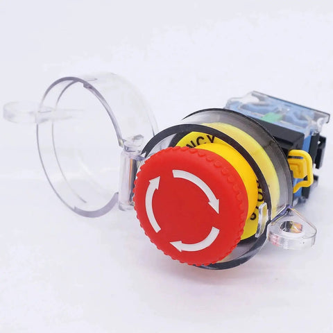 Emergency Stop Push Button Switch 22mm Panel Mount Red Mushroom Latching Action with protective cover, model LA38A-11ZS-Z