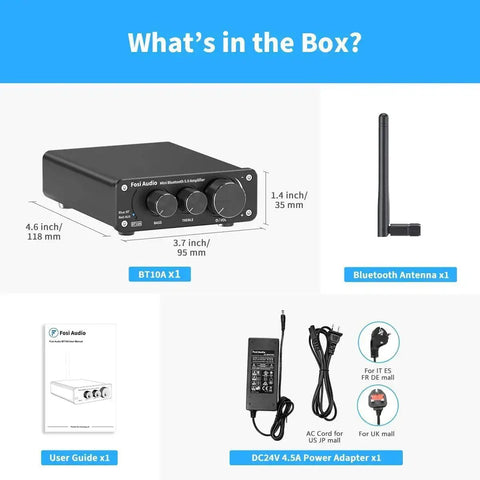 BT10A Bluetooth 5.0 Stereo Amplifier Receiver 2 Channel Class D Mini Hi Fi with accessories including antenna and power adapter