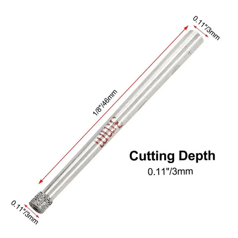 Diamond Hole Saw Set For Glass Tile Marble Ceramic Granite Quartz Gemstone With Twelve Pieces One Eighth Inch Shank Five Millimeter Cutting Depth Diamond Drill Bits By Luomorgo No Fuss Easy Cut Crack Free Drilling And Long Lasting Performance close-up showing a drill bit with dimensions.