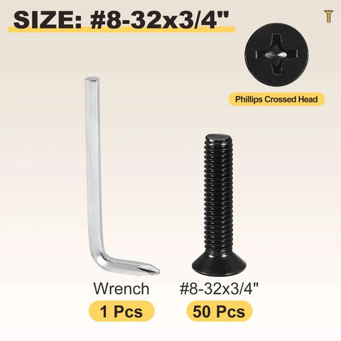 Phillips Countersunk Machine Bolt Set Size 8 32 By 3 4 Inch 50 Piece Stainless Steel 304 Flat Head Heavy Duty Hardware Kit With Hex Key Wrench Black Finish For Indoor Metal Fastening And DIY Furniture Repair, includes hex key wrench, bolt close-up.