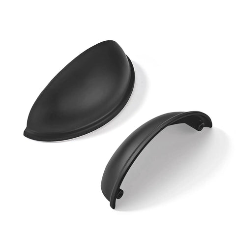 10 Pack Matte Black Cabinet Drawer Pulls 3.3 Inch Length Zinc Alloy Cup Pulls, side and top view, for kitchen hardware.