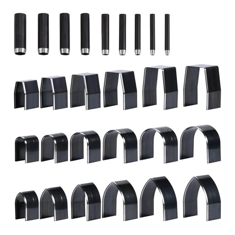 27 Piece Leather Punch Kit With 9 Round Punches And 18 Specialty Punches For Leatherworking displayed arranged on a white surface