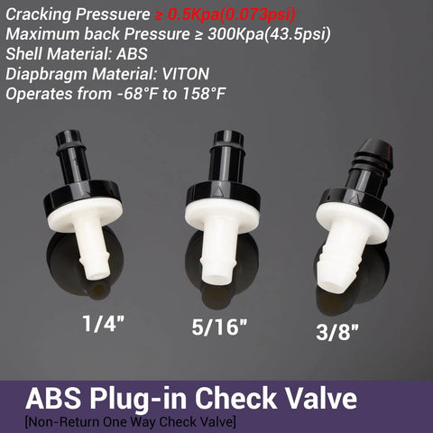 Three ABS plastic plug-in inline check valves with barb fittings in 1/4, 5/16, and 3/8 inch sizes for liquids or air systems