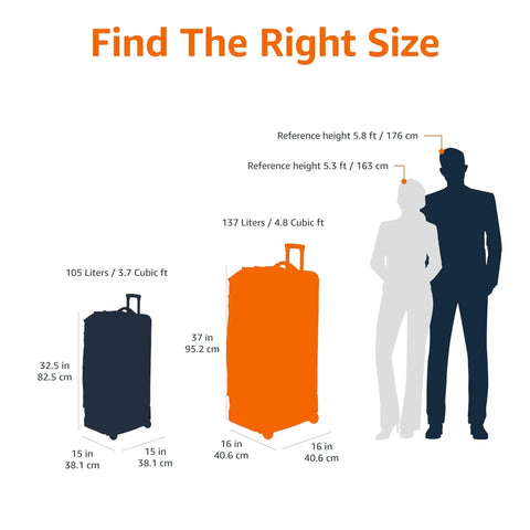 Comparison chart for Massive 35 Inch Rolling Duffle With Wheels And Telescoping Handle, showing size against human silhouettes.
