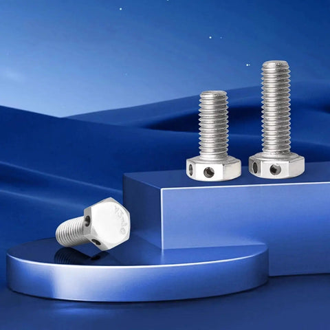 M12 304 Stainless Steel Hex Head Bolt With Safety Wire Hole Four Pack for marine and automotive projects on blue display