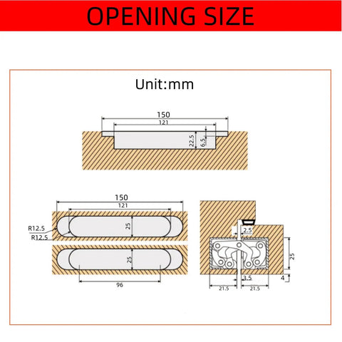Diagram showing dimensions for Hidden Door Hinges 6 Inch Heavy Duty Concealed 180 Degree Swing 3 Way Adjustable Butt Hinges