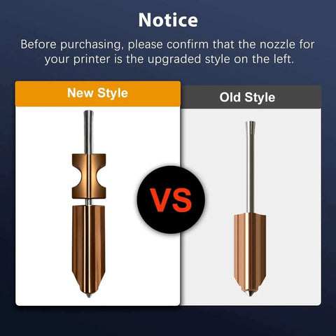Comparison of new style and old style 0.4mm Integrated Adventurer 5X Nozzle Kit for AD5X 3D Printer Hotend.