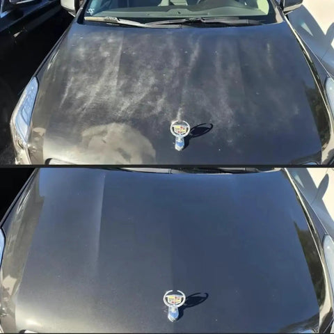 Comparison of a car hood before and after using High Gloss Hand Applied Clear Coat For Vehicles Self Leveling Shine Headlights