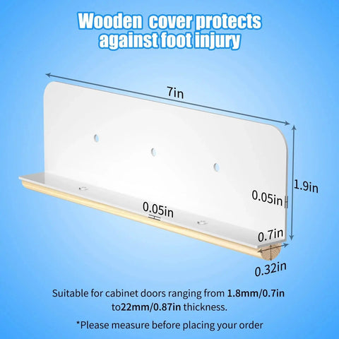 Trash Cabinet Foot Pull Hands Free Foot Pedal Opener dimensions guide with wooden cover for injury protection and cabinet door compatibility.