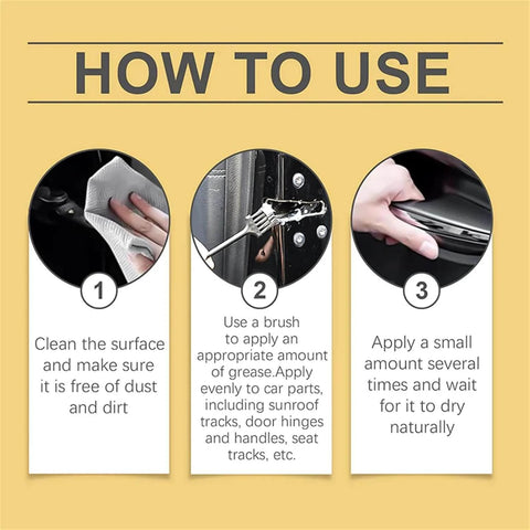 Instructions on using Heavy Duty Car Care Synthetic Grease for cleaning, applying, and drying on car parts.