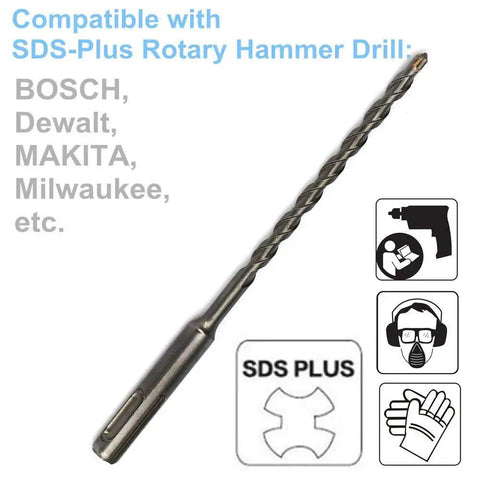 25 Pack 3/16 Inch By 6 Inch SDS Plus Masonry Drill Bit Set With Carbide Tipped Bits For Hammer Drills shown with compatibility icons