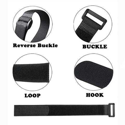 Diagram showing different parts of a hook and loop strap with reverse buckle, buckle, loop, and hook. Twenty Pack Reusable Cable Ties And Straps 12x1 Inch Adjustable Hook And Loop Nylon Fasteners For Cable Management, Multi Purpose Wire Organizer Straps For Home Office Garage And Do It All Projects.
