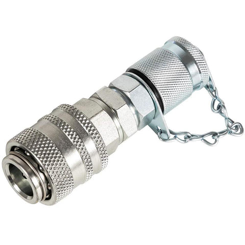 Hydraulic pressure test coupling, metal with knurled grip and safety chain