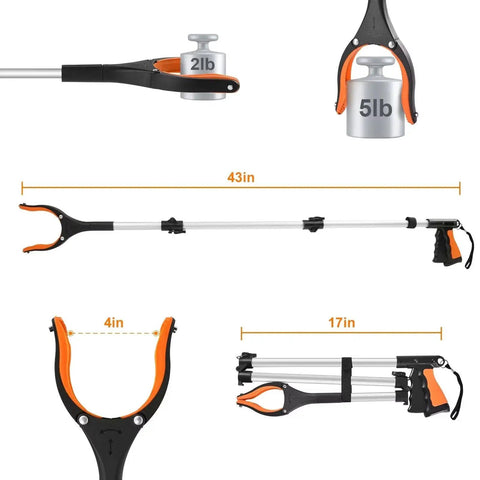 43 Inch Extra Long Grabber Tool Foldable Reacher With Rotating Jaw And Magnets 4 Inch Wide Claw Opening Heavy Duty Reaching Tool
