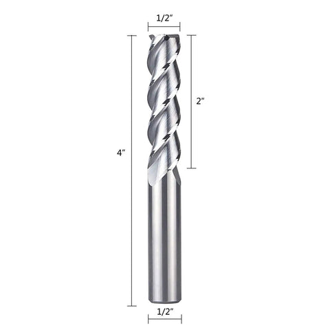 3 Flute Carbide End Mill For Aluminum Upcut CNC Cutter With One Half Inch Shank And One Half Inch Cutting Diameter Extra Long Four Inch Overall Length And Two Inch Cutting Length Flat Top For Non Ferrous Milling