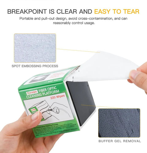 Komshine fiber optic cleaning platform kit box with 220 wipes, opened to reveal cleaning surface and buffer gel removal.