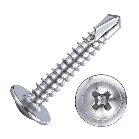 Two #8×3/4 in sheet metal self-tapping screws, 410 stainless steel, truss head with Phillips drive