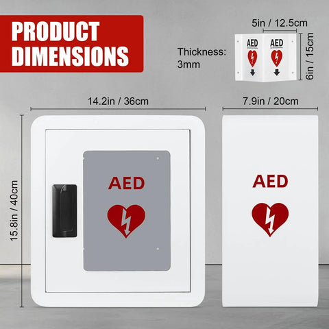 Sturdy Steel AED Defibrillator Cabinet Wall Mount With Magnetic Door Closure And Embedded Handle, Recessed Door Design, dimensions shown