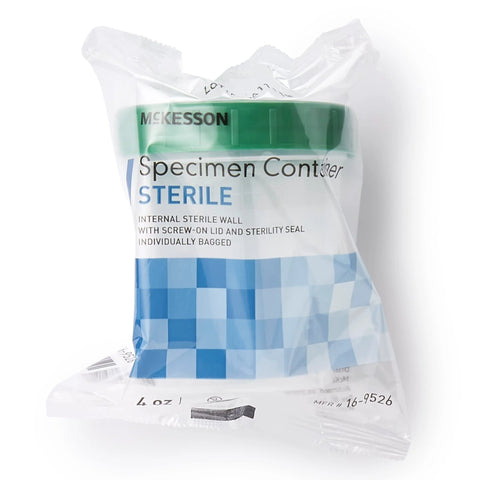 McKesson specimen container, 4 oz (120 cc), HDPE, sterile with green screw-on lid