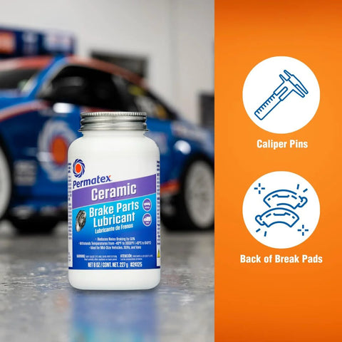 Permatex Ceramic Brake Parts Lubricant bottle, 8 oz, white with blue-purple label, automotive lubricant in a workshop