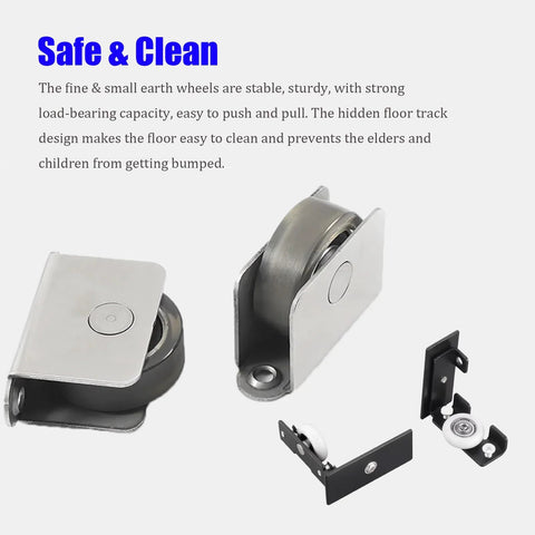 Hidden Sliding Barn Door Hardware And Track With Invisible Sliding Door System components shown as small earth wheels and brackets.