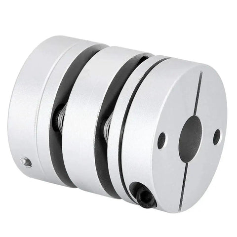 Aluminum alloy shaft coupling adapter, clamp-style with black elastomer rings, front view