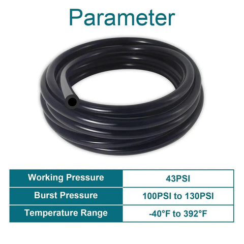 Heavy Duty Silicone Vacuum Hose For Cars, 10 Ft Length, 1/8 Inch ID, 130 PSI Max, High Temp Flexible Vacuum Line, coiled view with specs