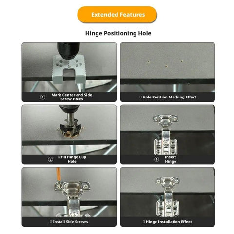 Steps showing Two Pack Concealed Hinge Jig Kit Punch Locator Drill Guide For Cabinet Doors Mounting Jig And Positioning Ruler Easy Install 35mm